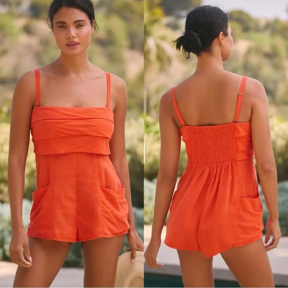 Anthropologie Vermillion Red Ruffle Smocked Linen Blend Romper Womens XL NWT